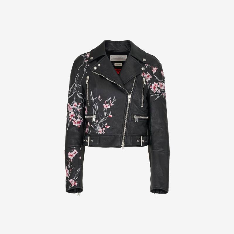Alexander McQueen Women's Black Blossom Biker Jacket - 2 (Lambskin)